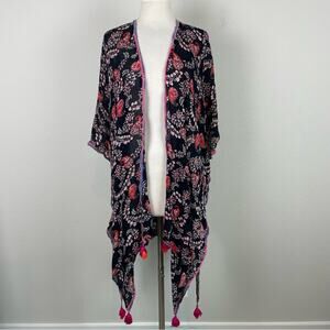 Elizabeth Gillett Black Floral Tassel Kimono One Size